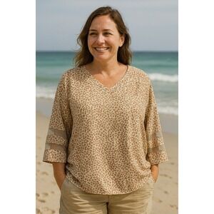 Riley & James Womens XL Leopard Print V-Neck‎ Blouse Mesh Stripe 3/4 Sleeve Tan
